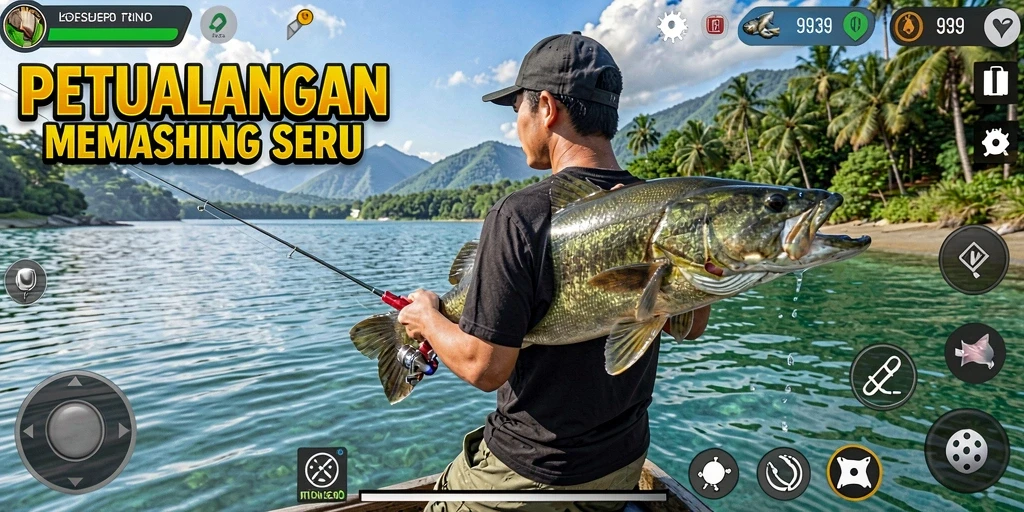 Tangkapan ikan besar di layar permainan 9939 dengan latar belakang yang indah.