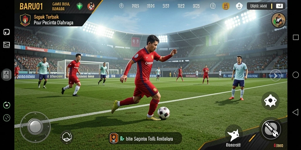 Tangkapan layar utama BARU01 menampilkan aksi mendebarkan di lapangan sepak bola.