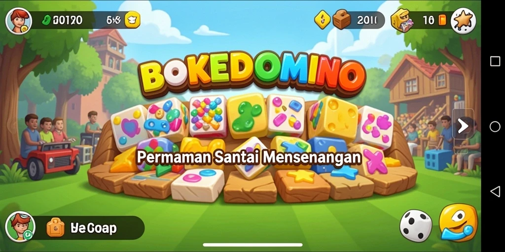 Screenshot gameplay BOKEDOMINO yang penuh warna dan menyenangkan.