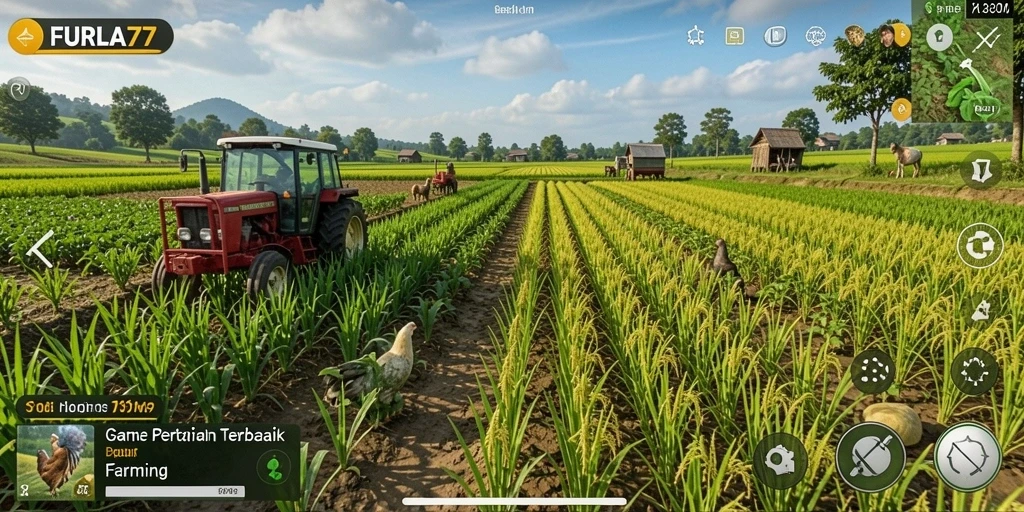 Screenshot gameplay FURLA77 menampilkan keindahan pertanian yang interaktif.