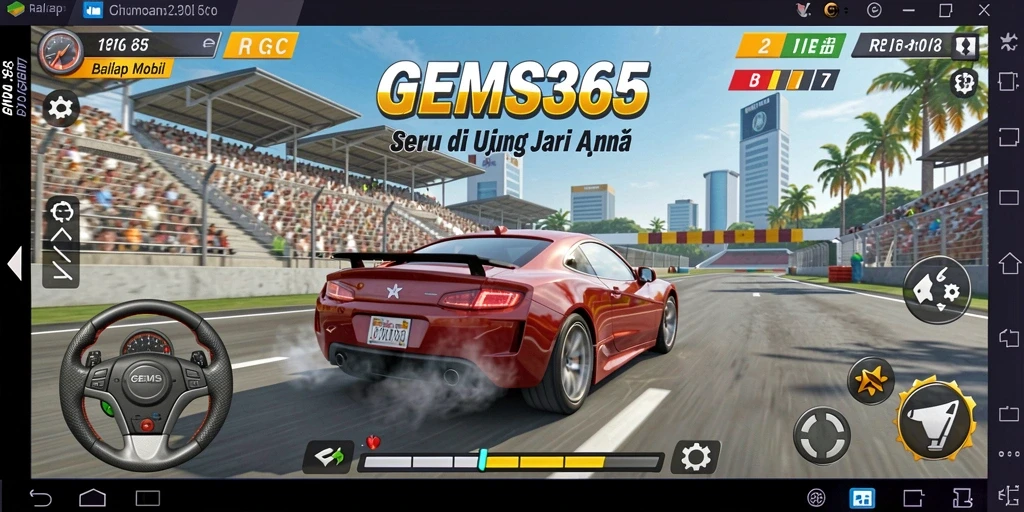 Screenshot gameplay GEMS365 menampilkan balapan mendebarkan di lintasan kota.