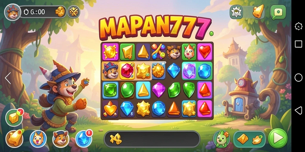 Tampilan gameplay seru dari MAPAN777 saat mencocokkan elemen Match-3.