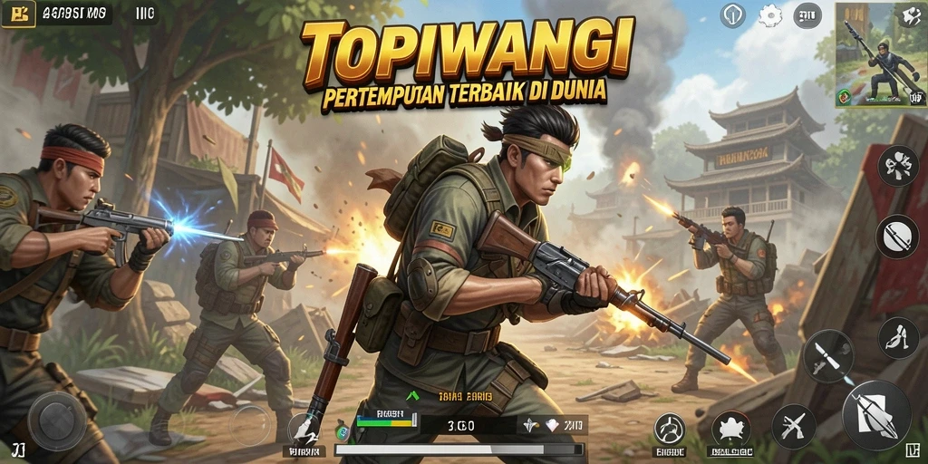 Screenshot gameplay dinamis dari TOPIWANGI yang penuh aksi.