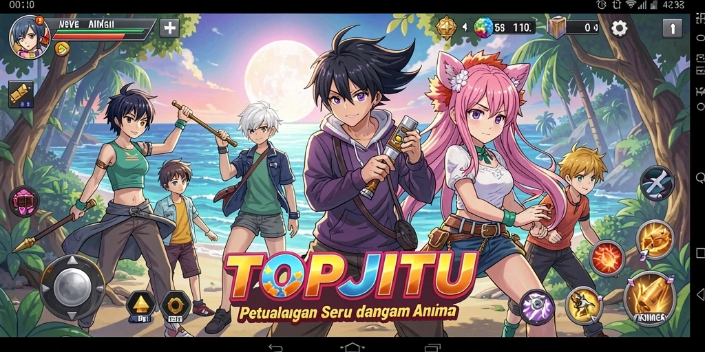 Tangkapan layar dari gameplay TOPJITU menampilkan aksi epik dan karakter anime.