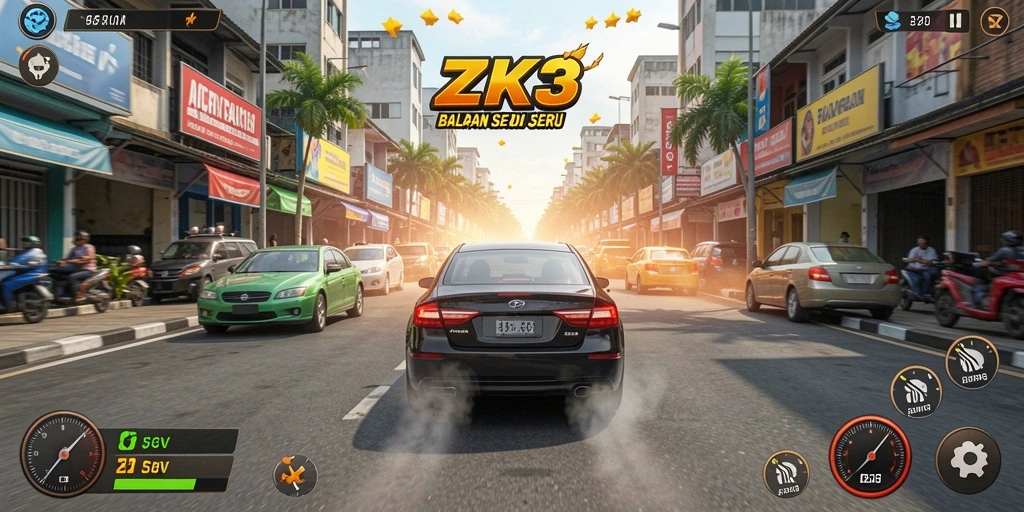 Tangkapan layar utama ZK3 menampilkan aksi balapan seru.